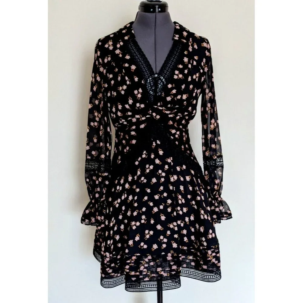 Self Portrait Twist Front Ditsy Mini Dress Floral Black Long Sleeve Size 8 BNWT - Picture 3 of 10
